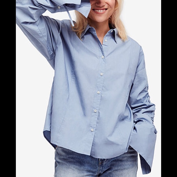 Free People Brown Eyed Girl Poplin Button Down Fluted Sleeve Shirt - Picture 2 of 3